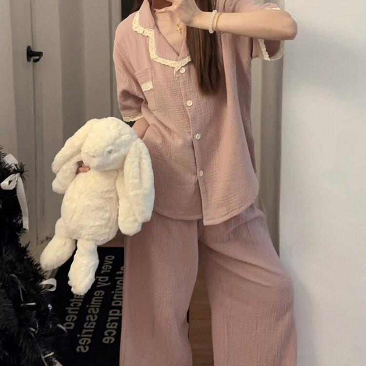 

Purple simple style pajamas women s summer high-end short-sleeved trousers lace two-piece set women can go out loungewear S