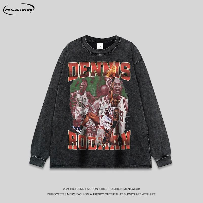 Unisex Vintage Washed Cotton Long Sleeve Tee Oversized Fit Streetwear Graphic Print Round Neck