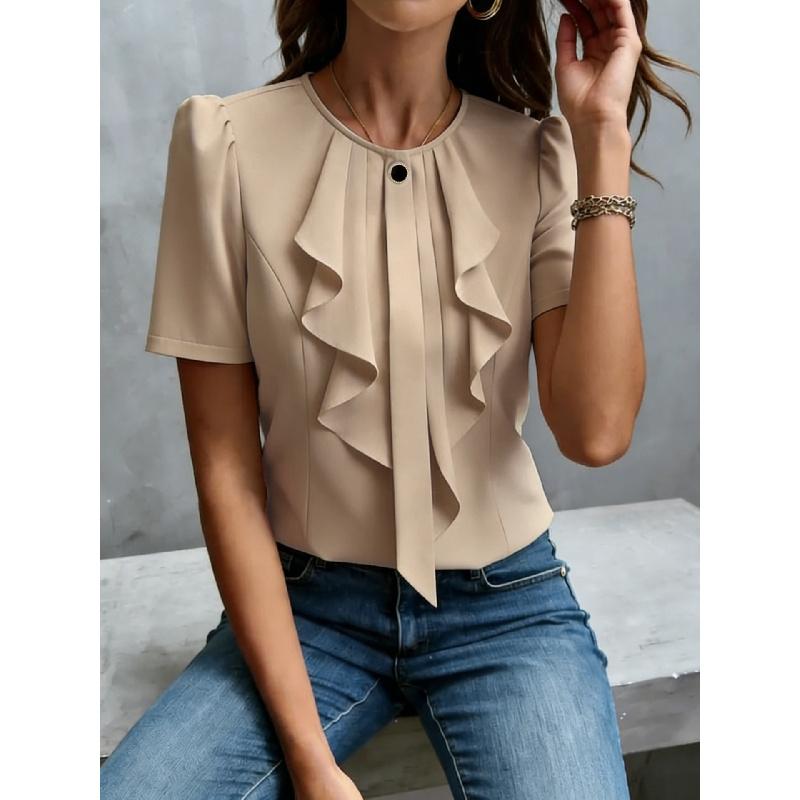2026 New Women's Summer Ruffled Pleated Round Neck Short Sleeve Shirt Top