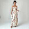 European and American new women's elegant French floral flower print one-word shoulder long hip dress