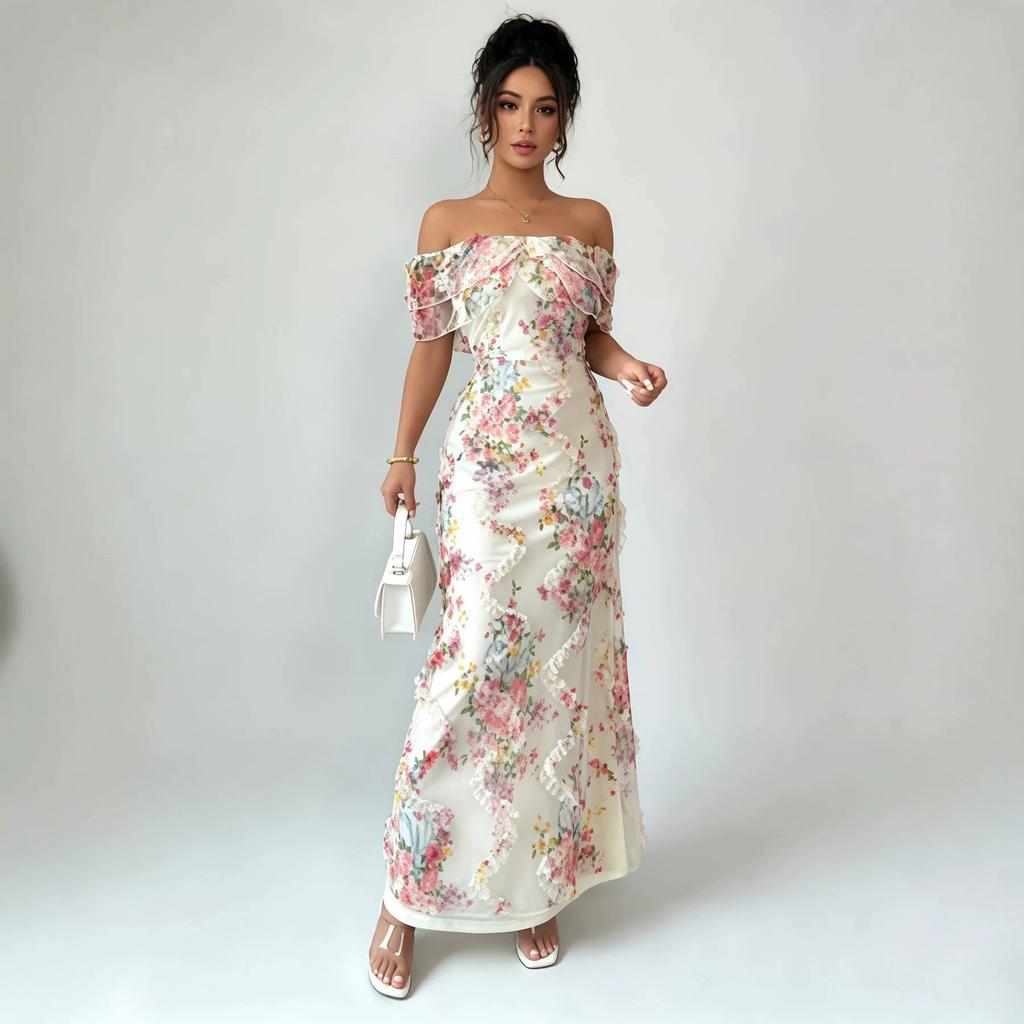 European and American new women's elegant French floral flower print one-word shoulder long hip dress
