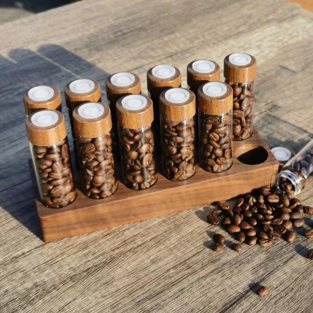 Wooden Coffee Beans Flower Tea Display Rack Stand Glass Test Tube Sealed Storage Cereals canister