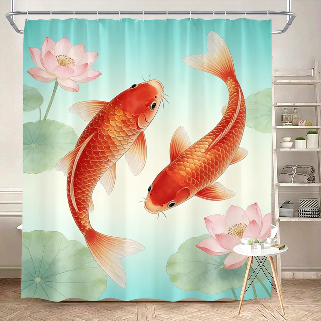 Luxury Golden Koi Fish with Cherry Blossoms Waterproof Shower Curtain for Feng Shui Bathroom Decor