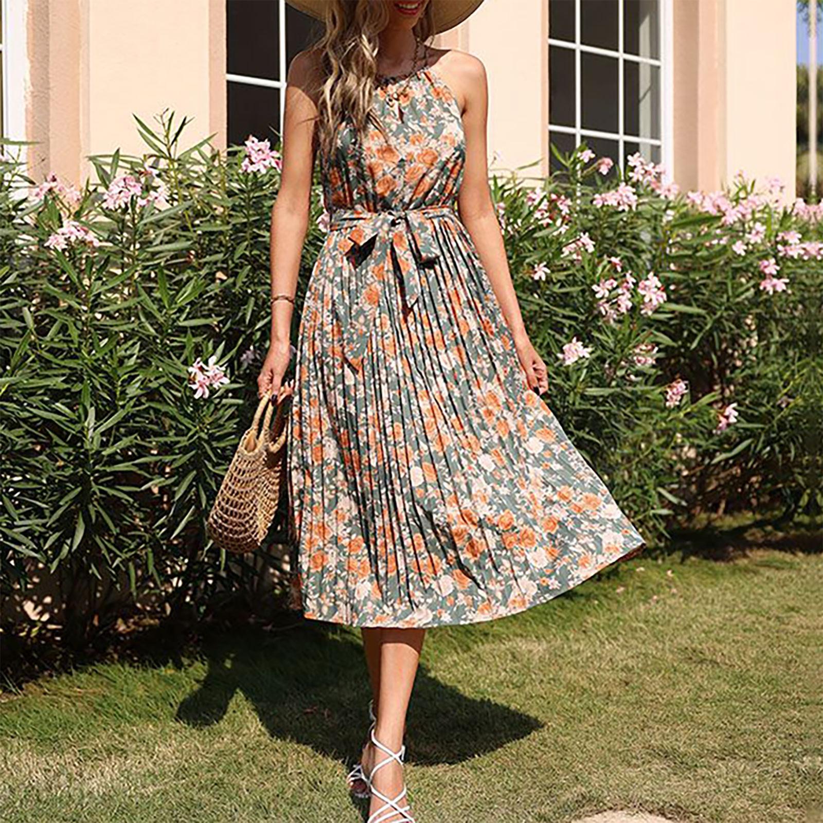 

Women s Casual Printed Sleeveless Lacing Strap Bohemian Dress