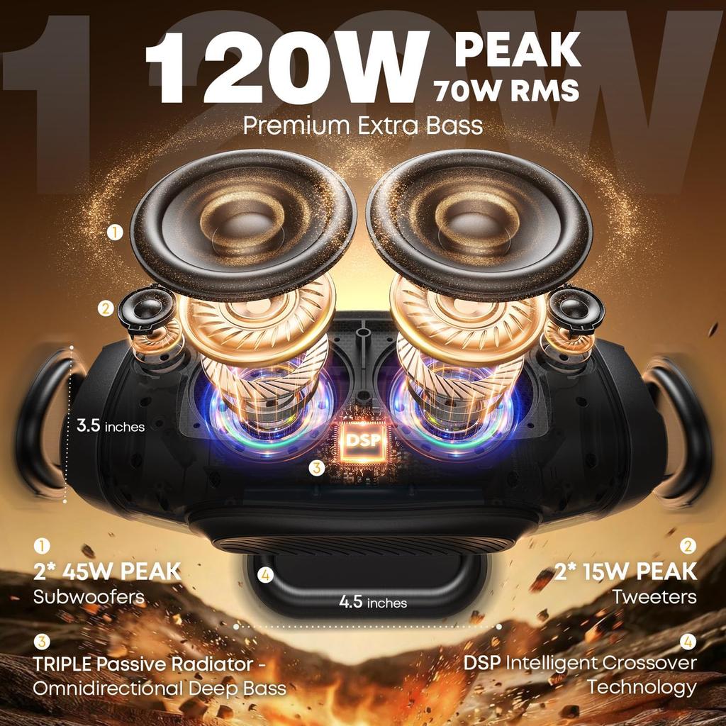 120W MAX 70W RMS Bluetooth Speaker with Deep IPX6 Waterproof and Dustproof Wireless High Portable Wireless Outdoor 42 Hours Continuous Call Power