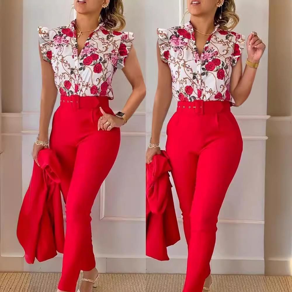 Elegant Women Two Piece Set Suits Fashion Printed Ruffle Sleeve Top Solid Color Pants Set with Belt Blouses Female Clothing
