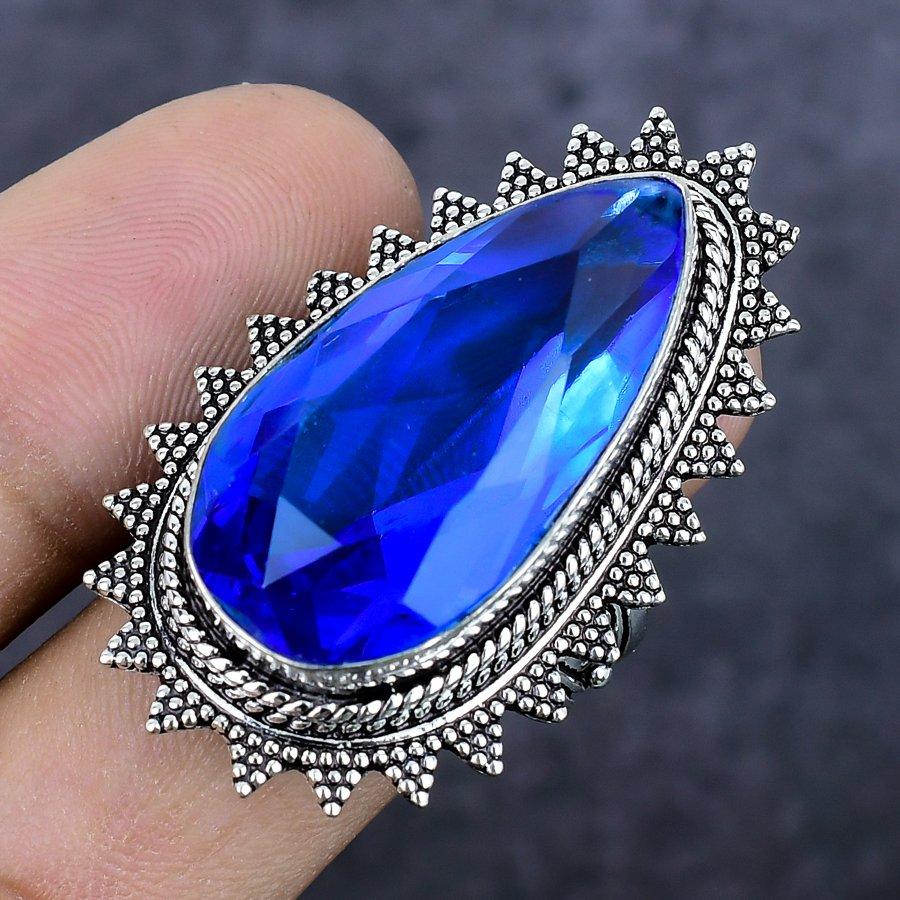 Blue Topaz Gemstone Handmade 925 Sterling Silver Jewelry Ring Size 8.5 m4k65