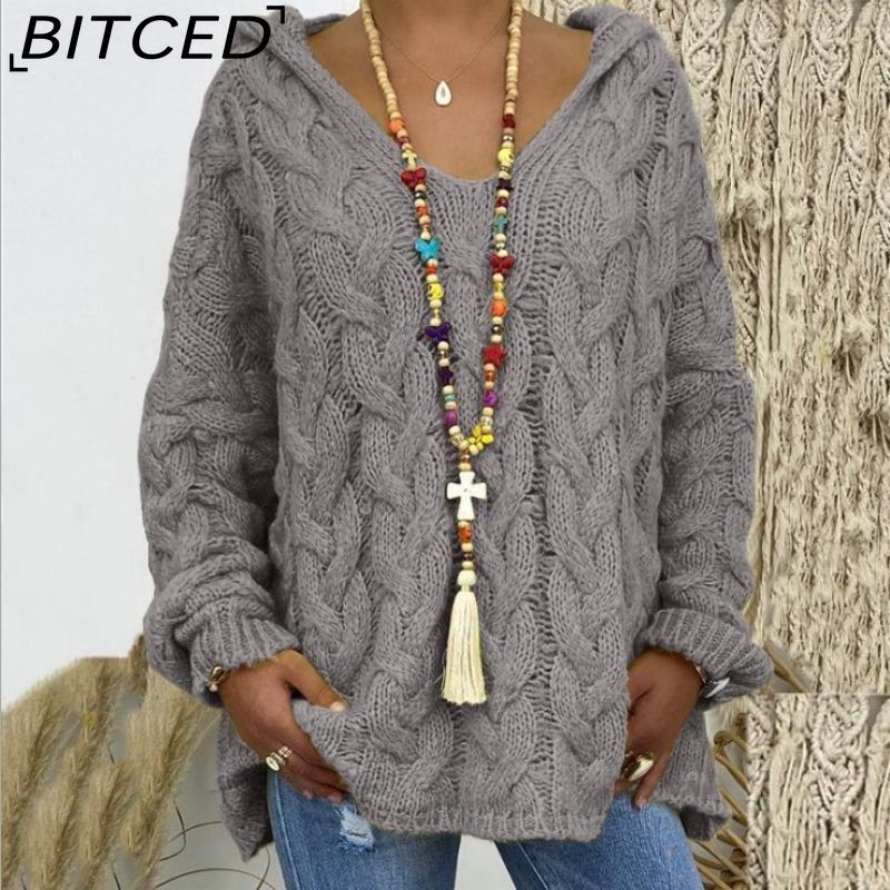 BITCED Fall/Winter Solid Color Cable-Knit Hoodie Sweatshirt for Women