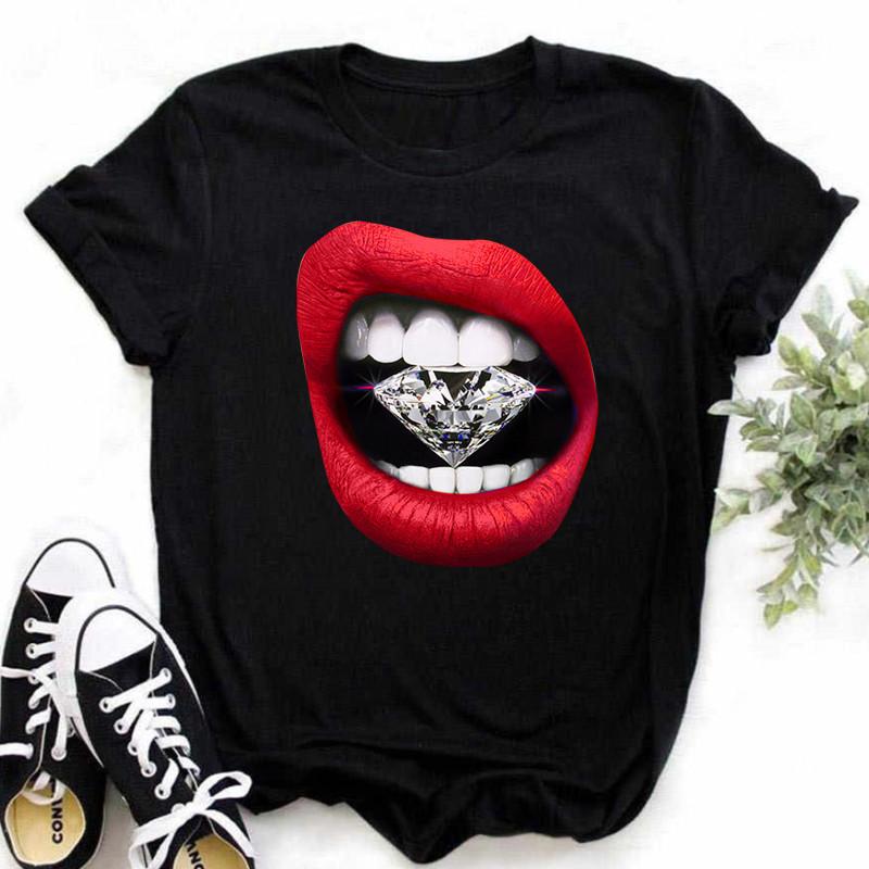 Spring Summer Plus Color Lips Loose Casual Fashion Simple Round Neck Pure Cotton Short Sleeved Top T-Shirts Women’s