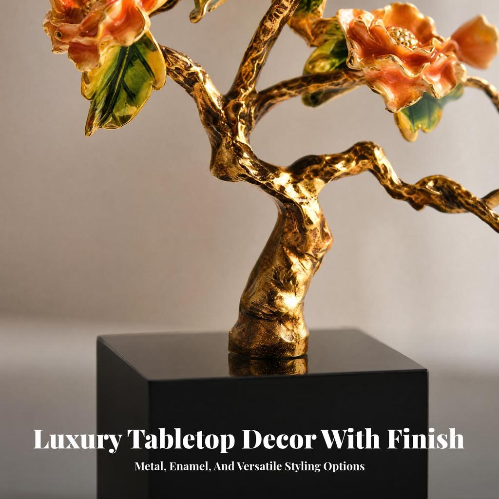Metal Tree Ornament with Crystal Base Elegant Floral Branch Tabletop Figurine