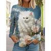2025 Autumn and Winter Women's Long Sleeve 3D Printed Cute Cat T-Shirt, Streetwear, Round Neck Long Sleeve