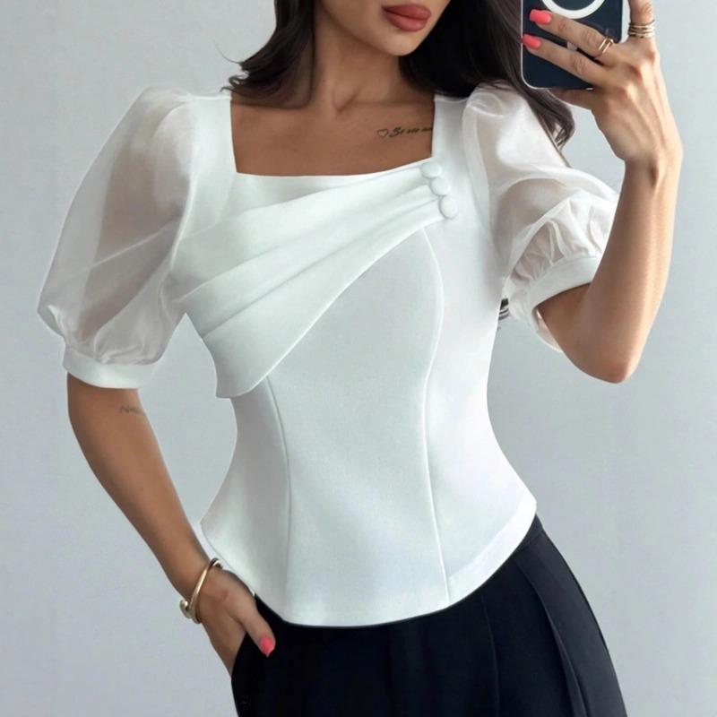 Summer New Style Women s Square Neck Mesh See-through Puff Sleeves Slim Fit Button Decorated Elegant Top S белый