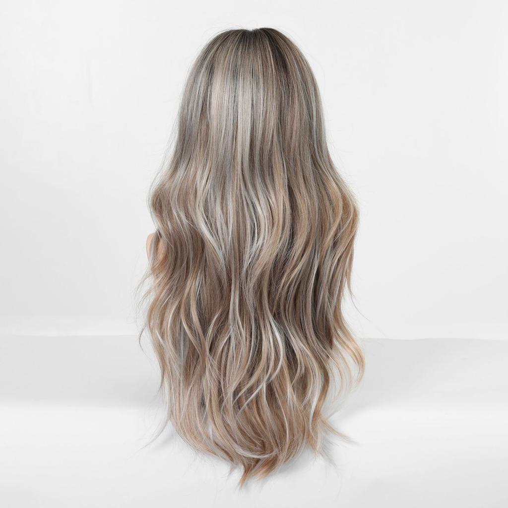 European And American Wind Gradual Change Gray Gold Long Curly Hair Wig Air Bangs Big Waves Natural Realistic Chemical Fiber Full Head Cover