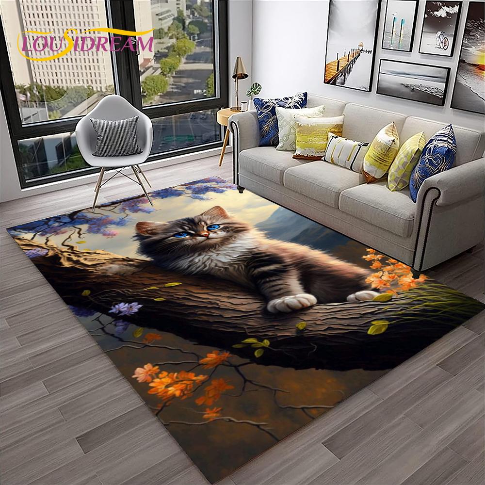 Covor de Cameră Drăguț cu Pisică și Flori Stil Desen Animat Pastoral pentru Casă Sufragerie Dormitor Canapea Preș de Intrare Decor, Covor pentru Joacă Copii Covor de Podea