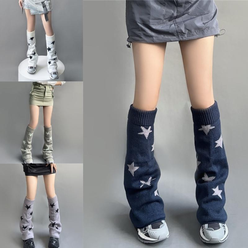 Girls Lolitas Leg Warmers Y2K Star Knitted Flared Leg Sleeves Goth Baggy Cuff Ankle Heap Socks JK Uniform Foot Cover