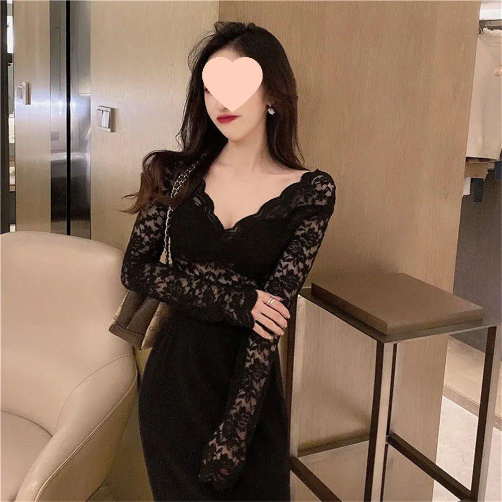 Women's Long-Sleeve V-Neck Lace Base Layer - Fleece-Lined/Unlined Autumn & Winter Sexy Hollow Fashion Top
