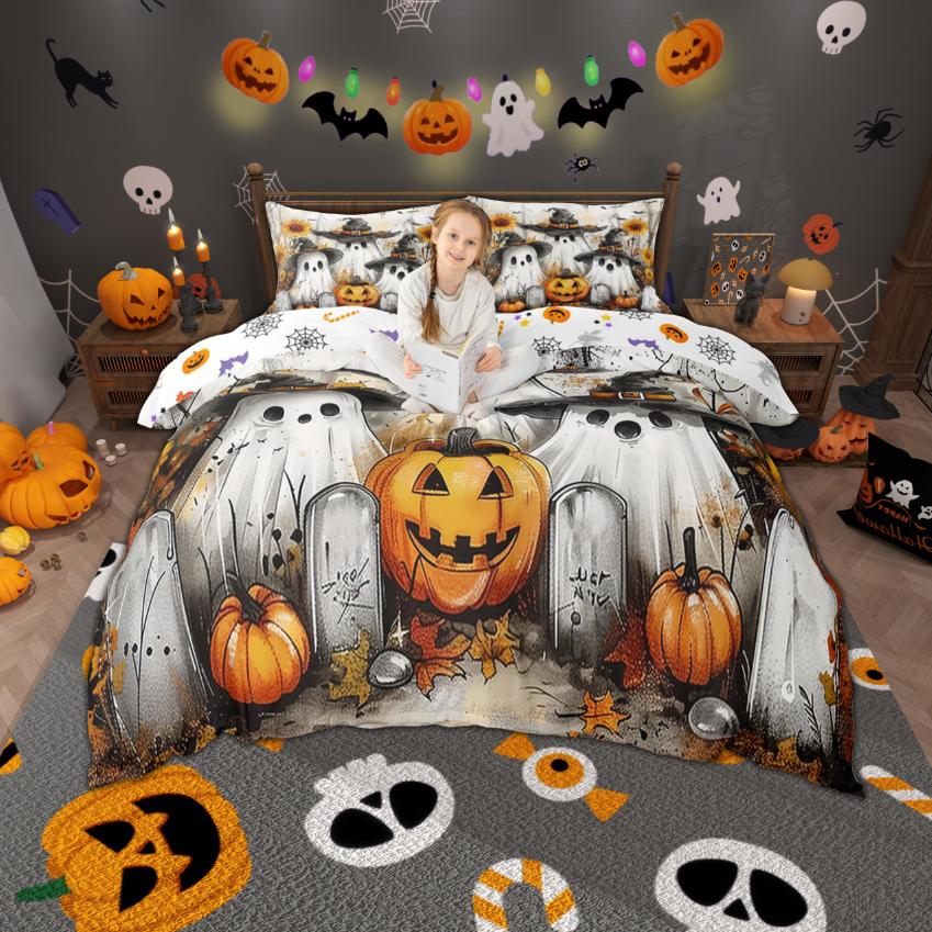 Homewish Cartoon Spooky Animal Duvet Cover Set Happy Halloween Theme Bedding Set Pumpkin Bat Ghost Quilt Cover Set Room Decor