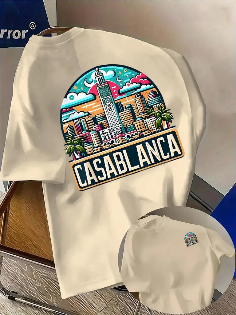 Retro Mediterranean Urban Tee with Bright City Illustration and Tropical Accents 100 Cotton Unisex Tshirt Summer Vacation Outfit