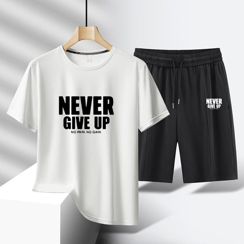 Men s Letter Print Sport Set Quick Dry Breathable T-Shirt Shorts 2-Piece Casual Outdoor Fitness Outfit Tracksuit XS