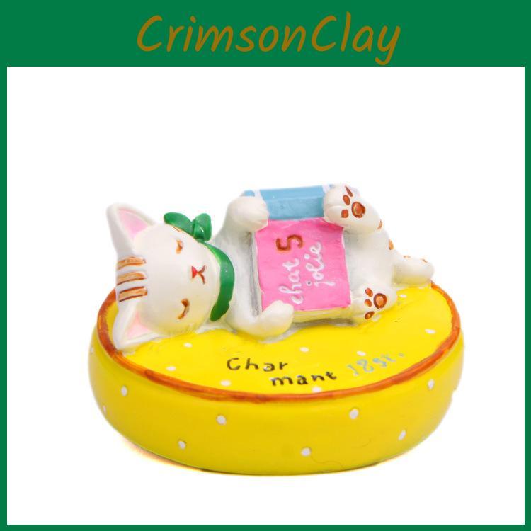 Cat On Lying A Cushion Reading A Book Resin Figurine For Living Decor Room