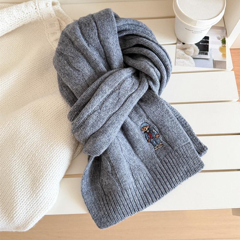 Red bear embroidered knitted scarf for men and women in winter pure Korean version versatile cute warm high-end scarf