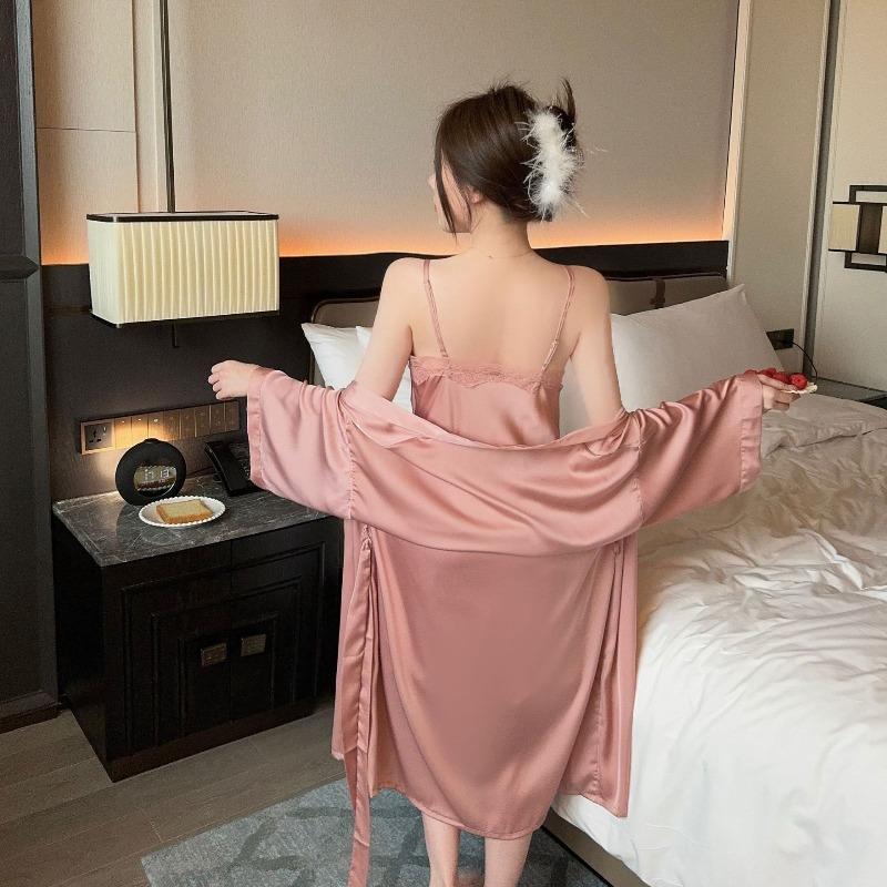 Spring and Summer New Women's Summer Loose Large Size Wedding Morning Robe Casual Single Nightgown Silk Bathrobe Robe