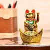 Golden Waving Cat Figurine On Money Ingots | Feng Shui Symbol for Good Luck, Wealth, Prosperity, and Health | Decorative Cat Statue for Home & Office