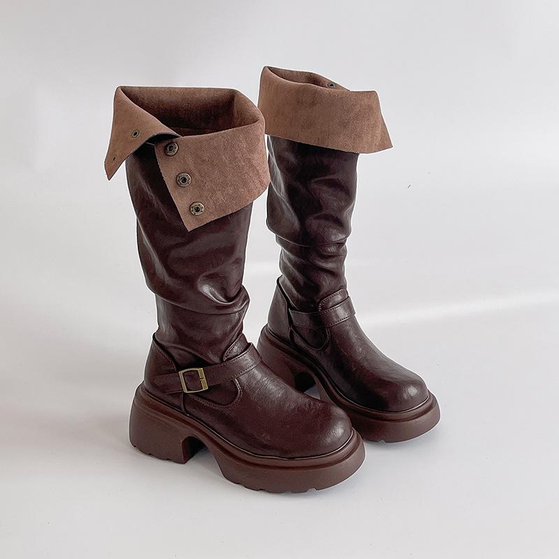 Fashion retro style thick heel leather boots belt buckle platform boots women's autumn and winter fashion high heel knight boots trend