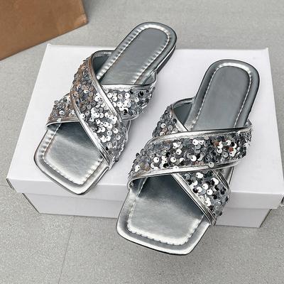 Fashion Summer New Flat Sandals for Women Fashion Square Head Open Toe Sequin Cloth Soft Sole Anti-slip Wear-resistant Slippers
