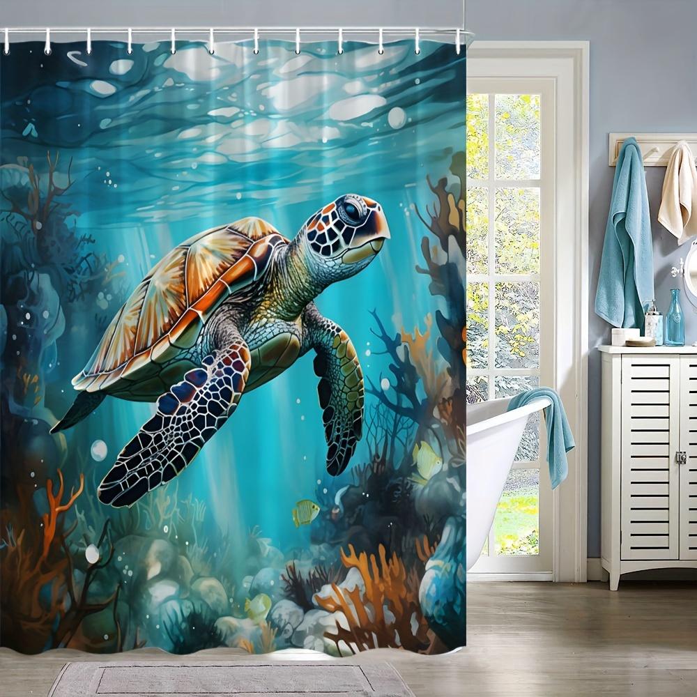 Ocean Turtle Watercolor Art Shower Curtain - Underwater World Landscape, Washable Polyester With Hooks Included, Blue Bathroom