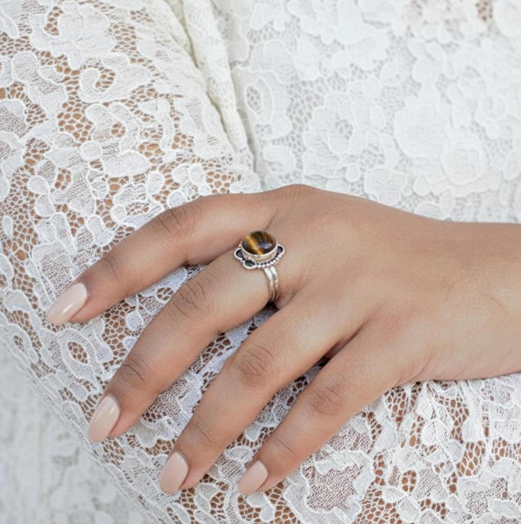 Tiger Eye Flower Statement Ring, 925 Sterling Silver, Minimalist Round Gemstone Ring, Promise Ring, Gift for Her