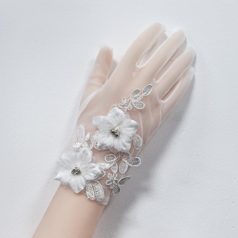 Weiße Braut Hochzeitskleid Fingerhandschuhe Spitze Mesh Kurz Dünn Transparent Handschuhe Exquisite Deko Accessoires Handschuhe