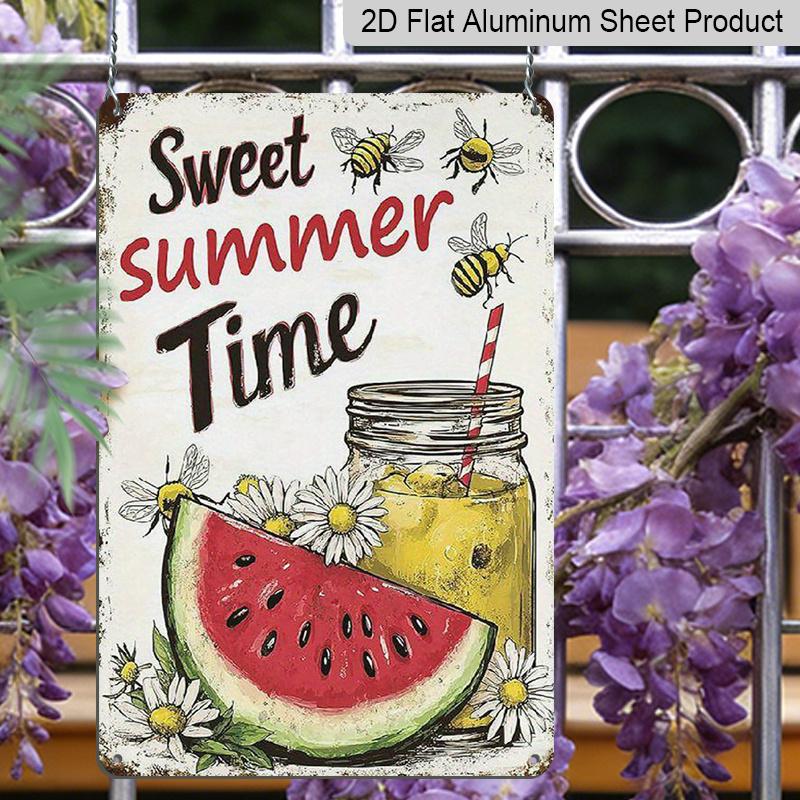 2D Flat 1pc Vintage Summer Watermelon & Lemonade Metal Sign - Sweet Summer Time Wall Decor - Retro Kitchen, Cafe, Party Decoration - Durable Aluminum