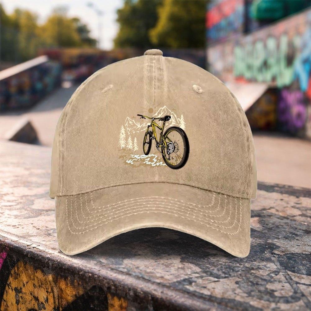 Mountain Bike Pattern Washed Baseball Cap Unisex Duckbill Hat for Outdoor Sports Casual Wear