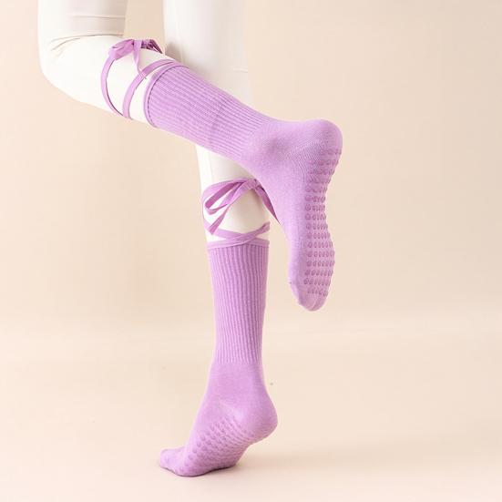 Yoga Pilates Socks with Grips for Women Non-Slip Tie-up Ankle Socks Grippy Lace-up Crew Socks for Barre Ballet Dance