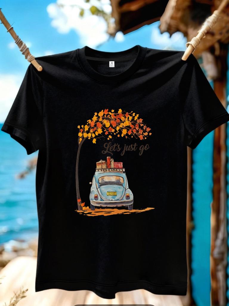 WZM10893Car printed plus size Unisexs round neck summer casual short sleeved street fashion versatile Tshirt