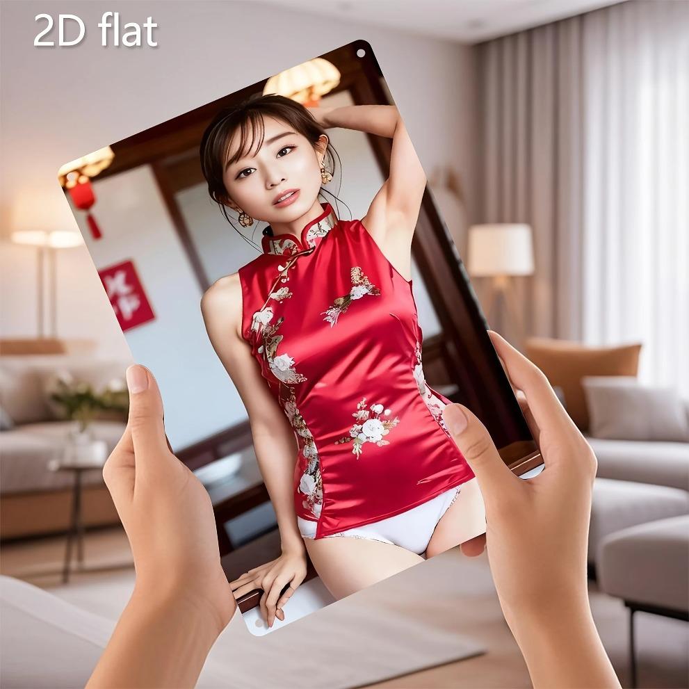 Tangpu Vintage Floral Tinplate Wall Art, Chinese Cheongsam Metal Decor for Living Room Garden, Weather-Resistant Indoor Outdoor