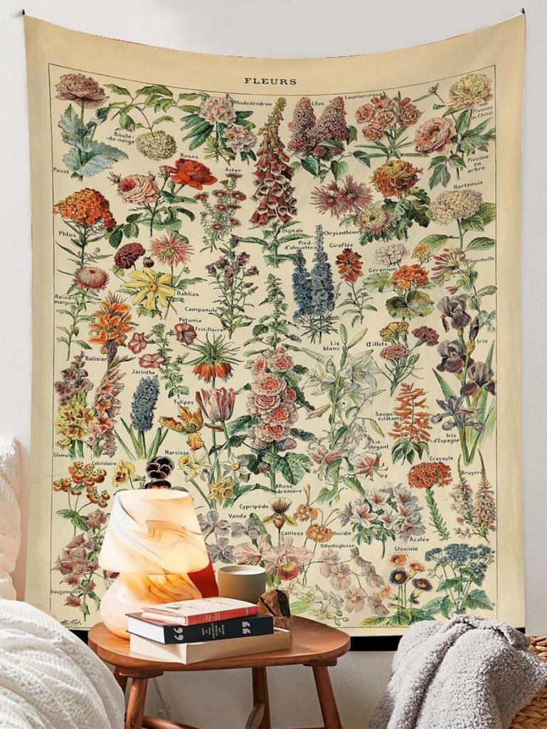 VIKAMA Frenchstyle Plant Picture Book Tapestry Vintage Flower Wall Tapestry Bedroom Study Café Decoration