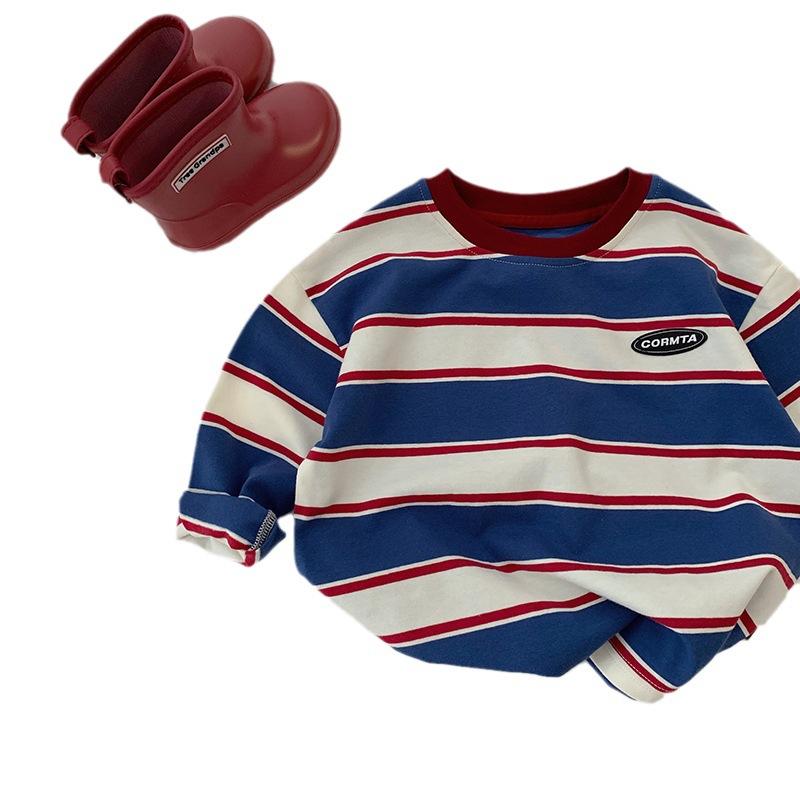 Boys' Long-sleeved T-shirt Loose and Fashionable Autumn Children's Contrast Striped Western Style T-shirt Round Neck Top