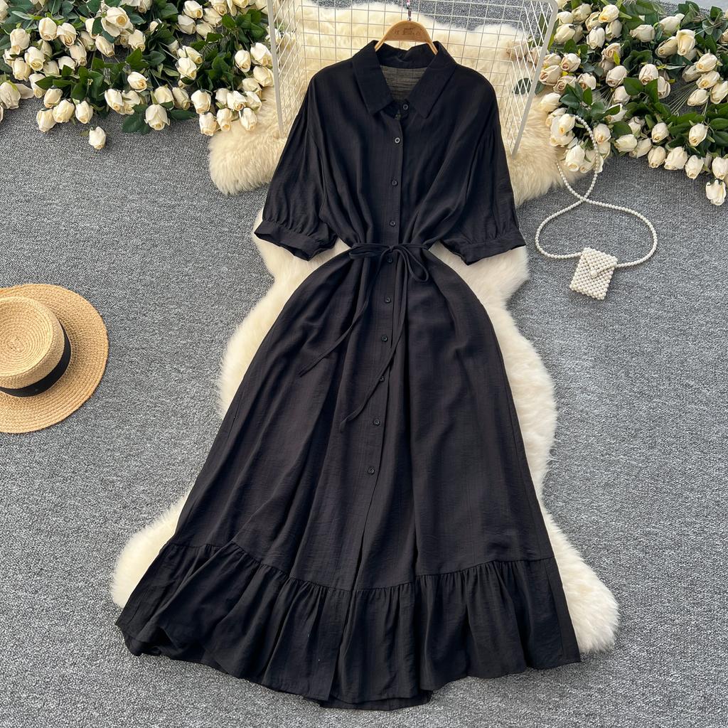 Sexy Chic Polo-Neck Single Breasted Ruffle Dress Elegant Korean Fashion Slim Summer Vintage Sweet Dresses
