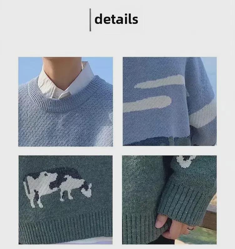 Herren Strickpullover im japanischen Stil mit Kuhmuster - Trendiger Rundhals-Pullover