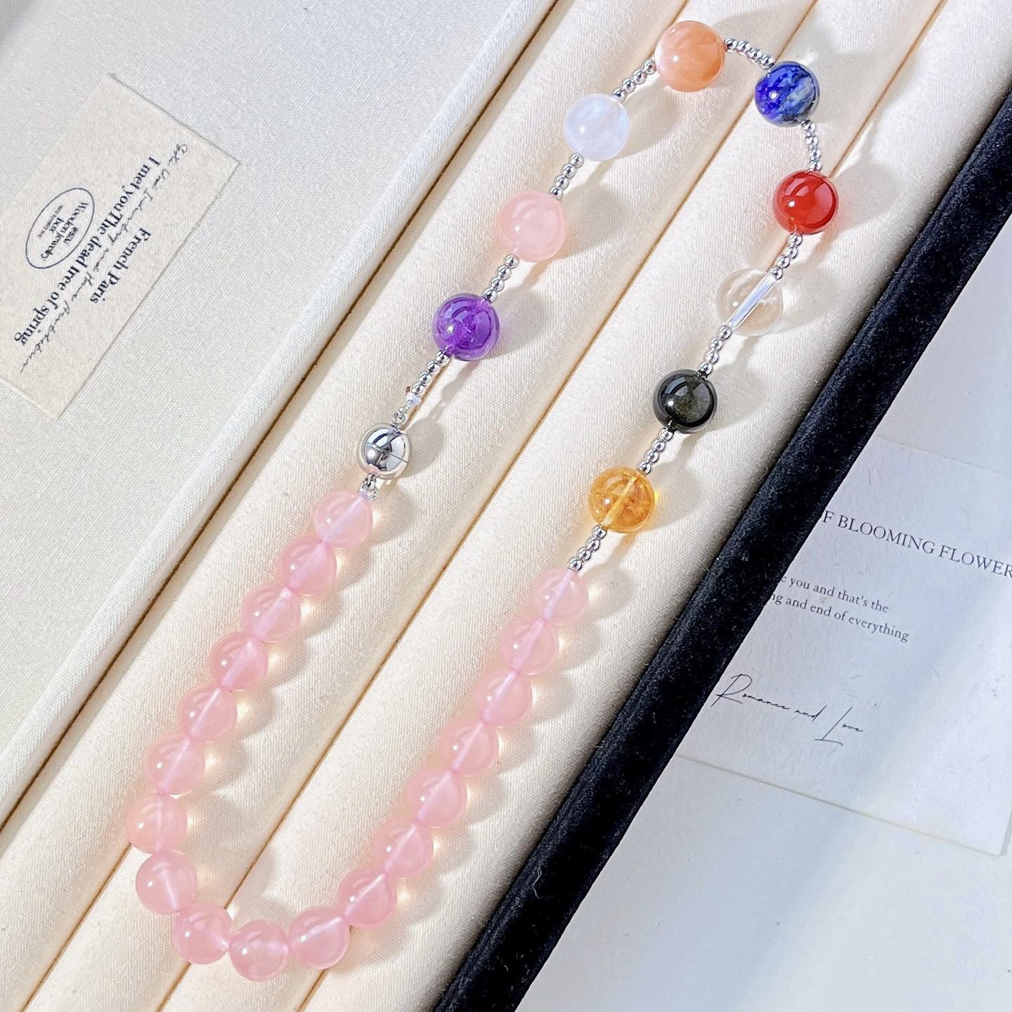 High Quality 12Mm Natural Powder Crystal Strawberry Crystal Lapis Lazuli Citrine Gold Flare Necklace Collarbone Chain