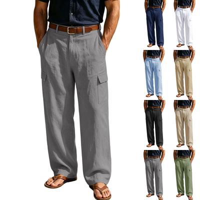 Men's Cotton Linen Cargo Pants with Multi Pockets, Lightweight Breathable Loose Fit Wide Leg Casual Trousers for All