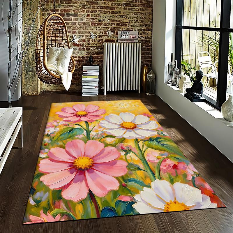 Colorful Floral Pattern Carpet with Pink and White Blossoms Design Suitable for use as an anti-slip for living room bedroom sofas