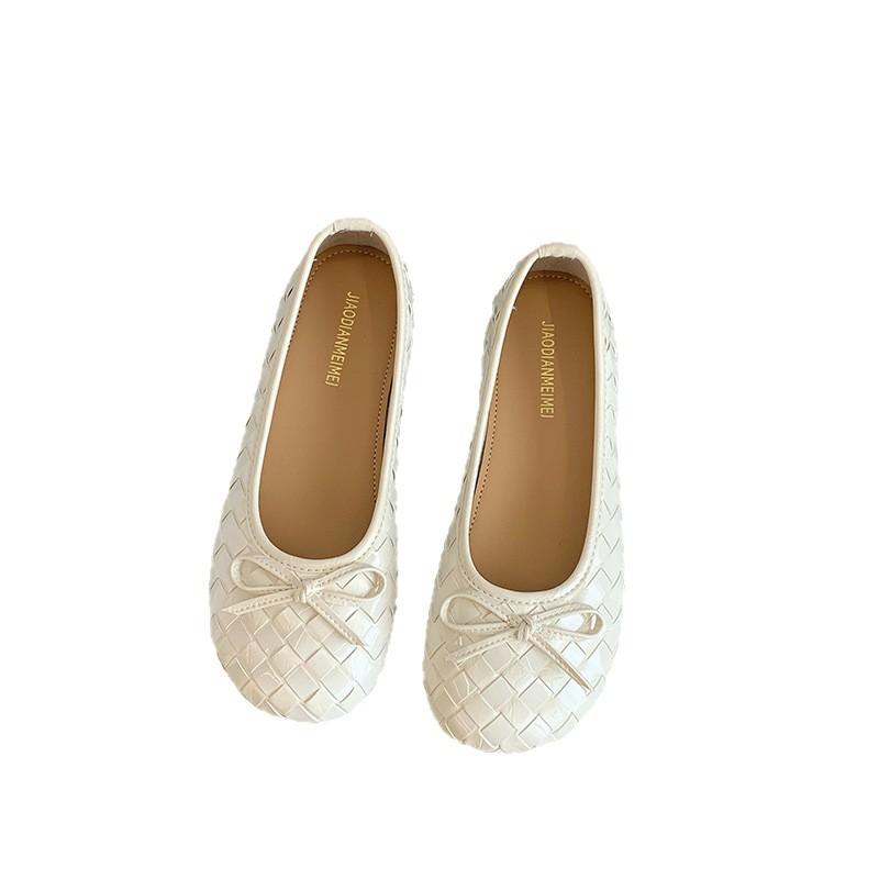 With skirt, small fragrant style, silver bow, flat-soled single shoes, women's summer one-pedal round-headed beanie shoes, ballet shoes