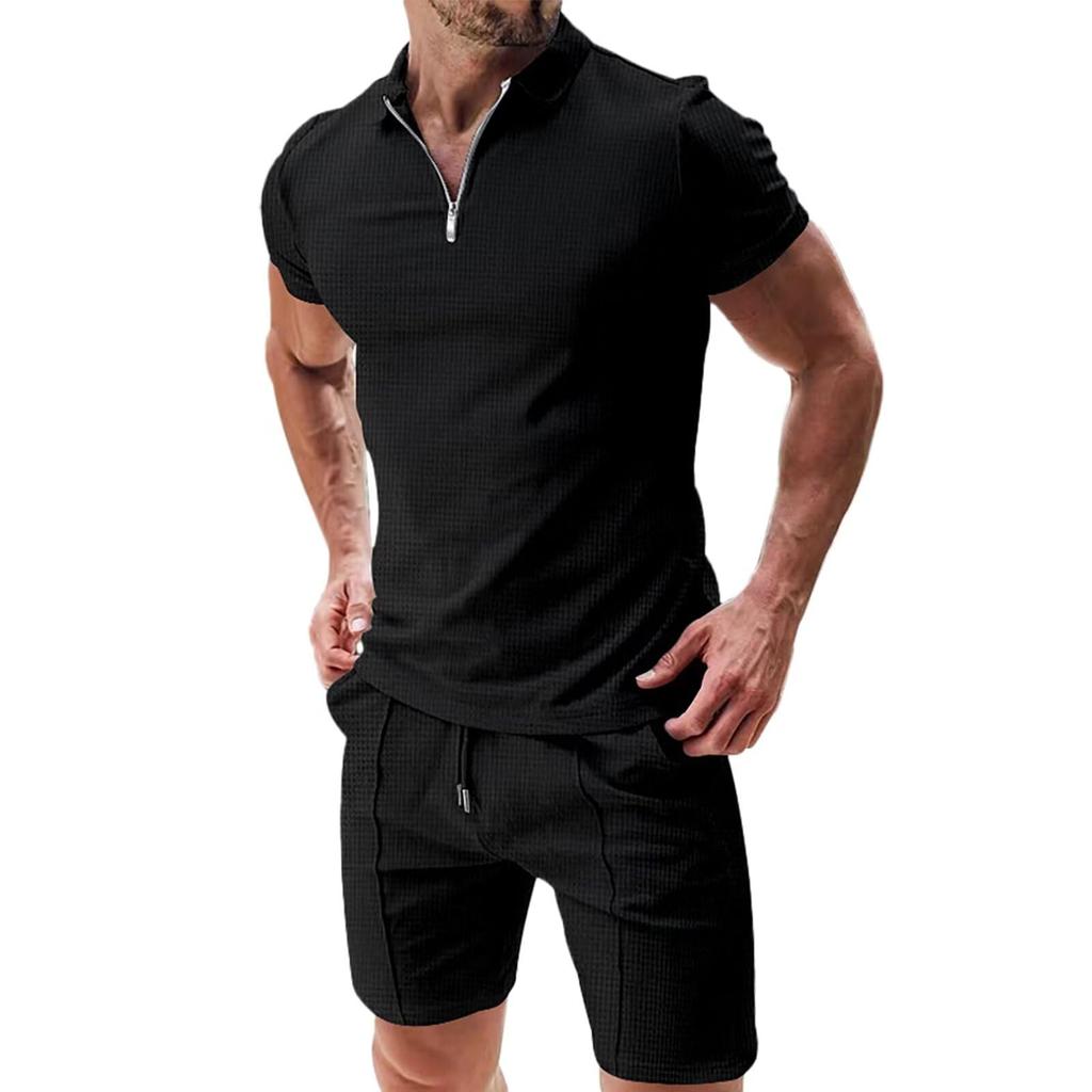 Anmurye Summer Tracksuit Short Sleeve Polo Shirt and Casual with Adjustable Solid Breathable Men's Set, Shorts, V-Neck Zipper, Comfortable, Waist,
