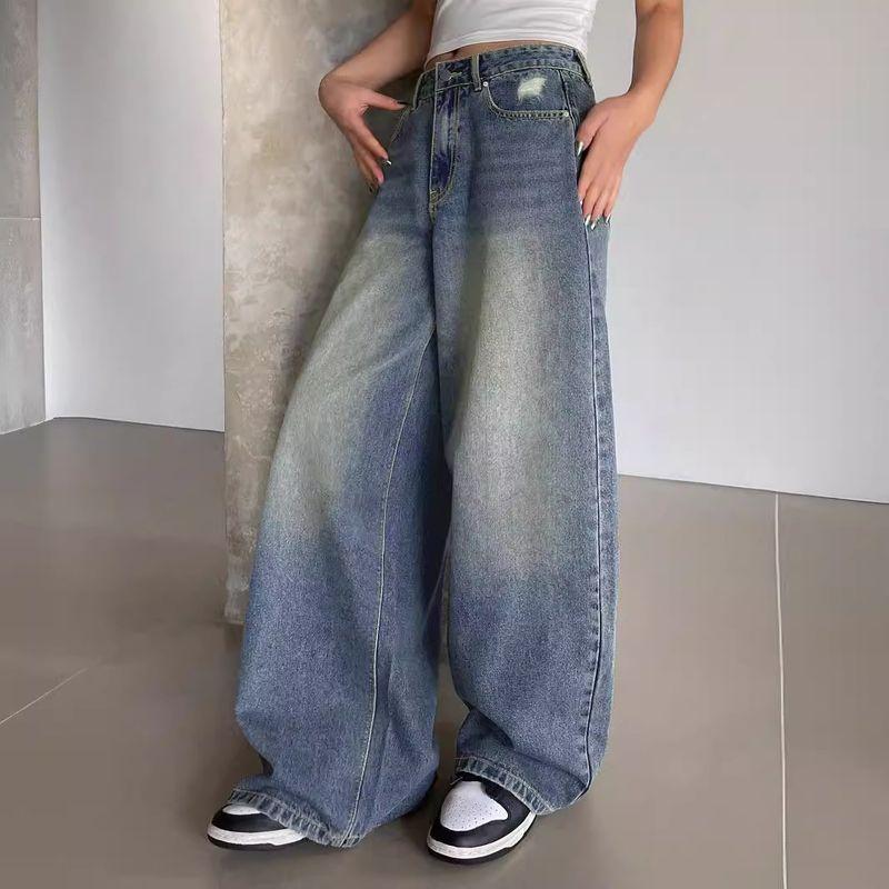 American Ins High Street Retro Washed Blue Loose Pants Long Mop Plus Size Loose Ripped Leisure Denim Female