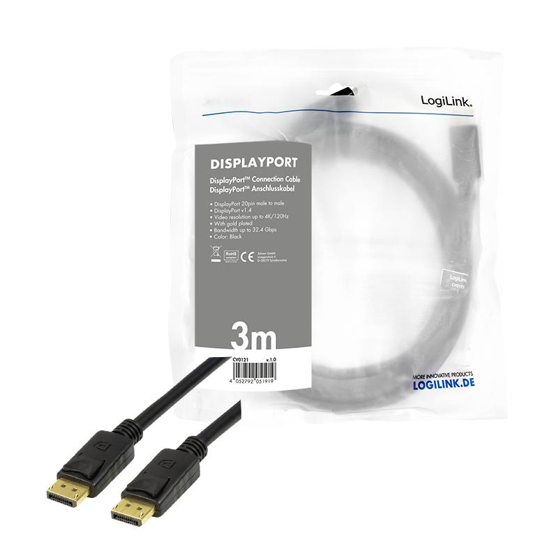DisplayPort 1.4 DP M/M Cable 8K 60Hz 4K 120Hz 3m LogiLink HDR hdcp Daisy Chain Gold Black