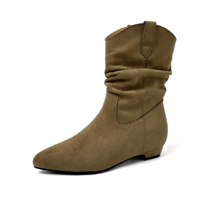 Height increase cm V-mouth large tube circumference pointed short boots women's year new Korean version suede pleated thick heel stacking boots