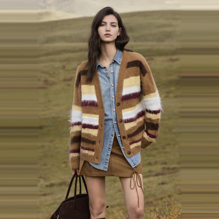 ELLE French Vintage Melange Casual Loose Versatile Long Sleeve Striped Cardigan Plush Knit Sweater Women Tops EZ53471